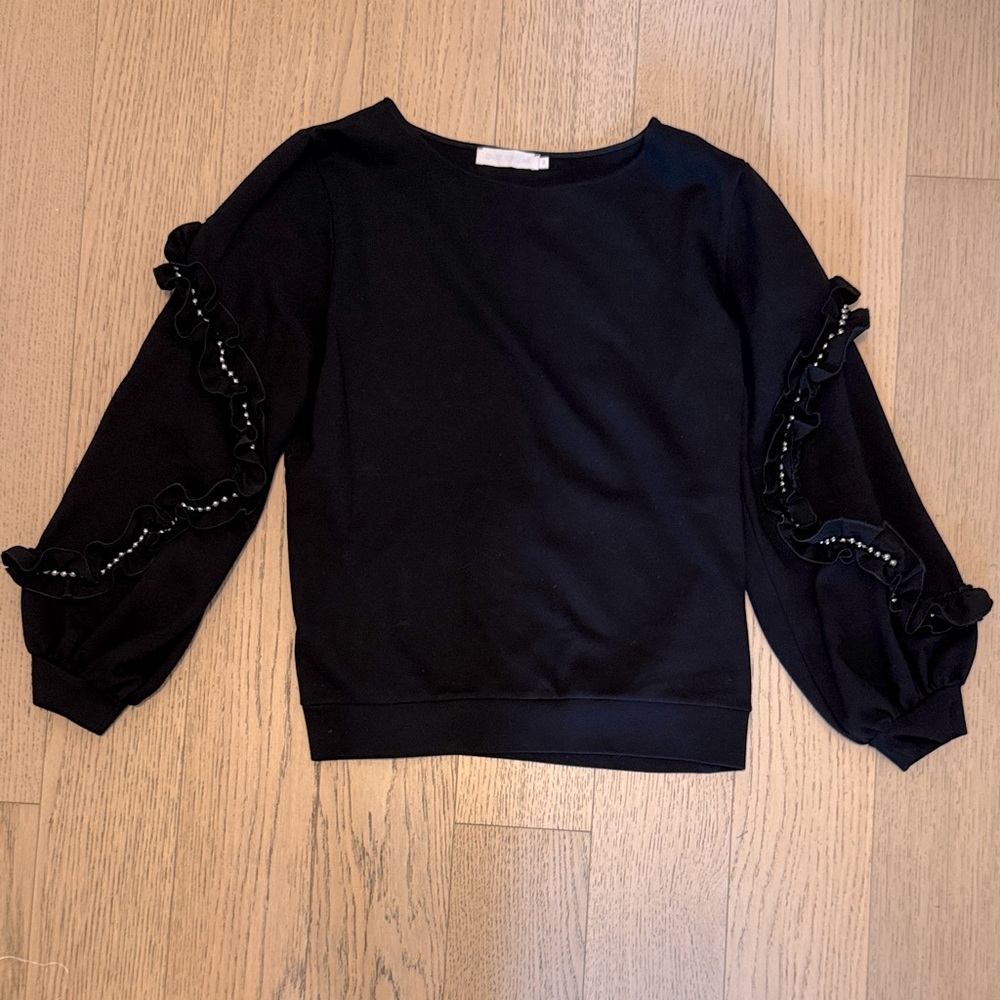 ANNE FONTAINE Black Ruffled beaded Racilia sweatshirt top, size FR 38